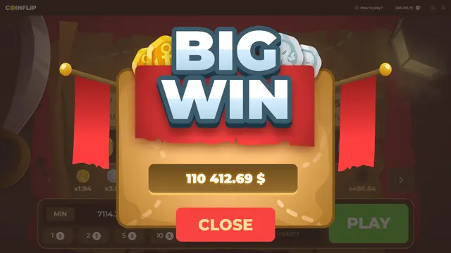 Sujet principal : Une fenêtre contextuelle centrale annonce un "BIG WIN" (Gros Gain) en lettres capitales blanches stylisées sur fond rouge.